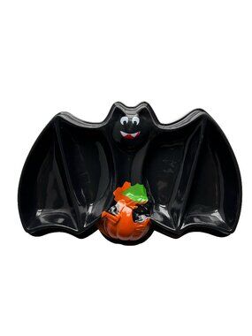 Vintage Halloween Bat with Pumpkin, Plastic Candy Dish